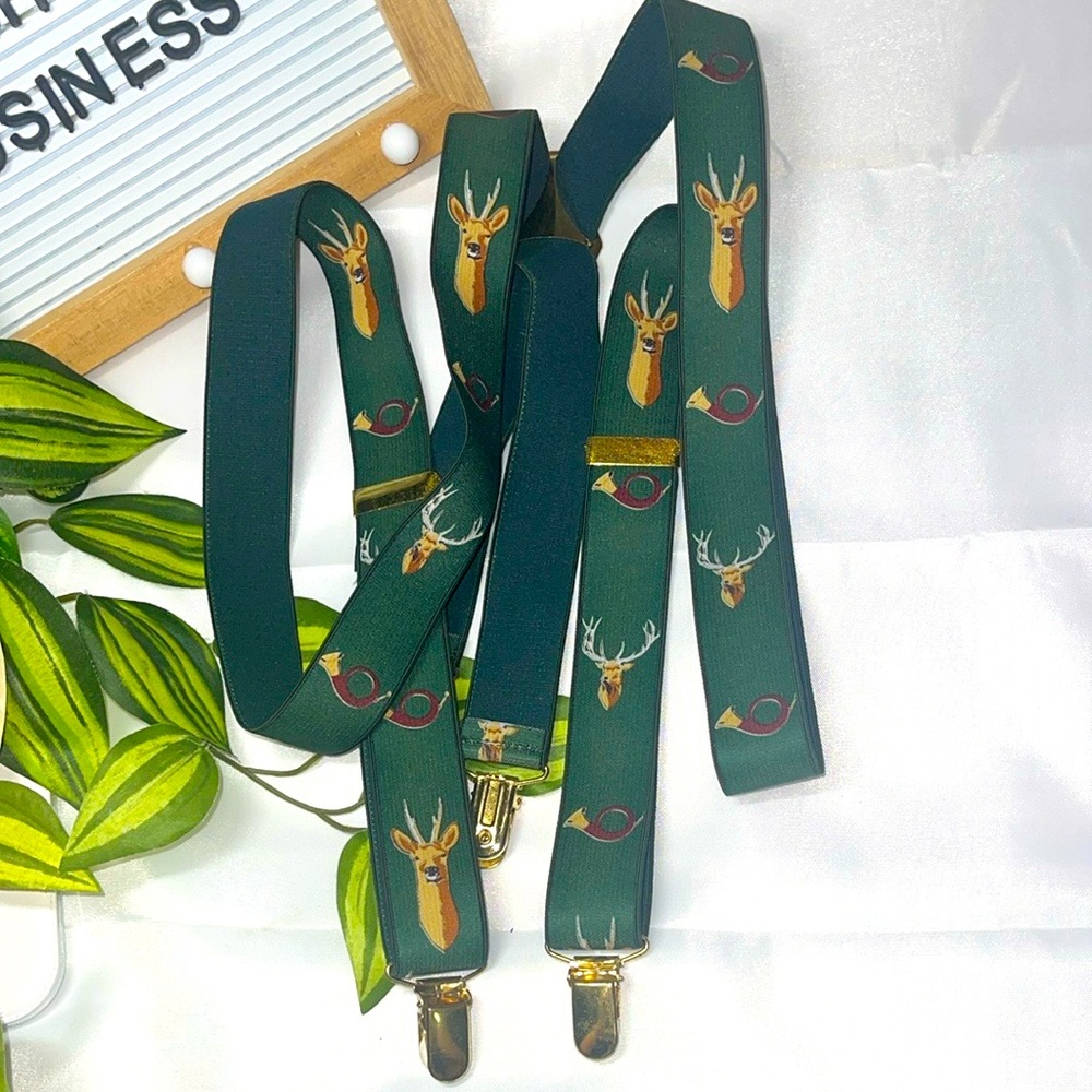 Hunter Deer Head & Horns Forest Green Adjustable Suspenders With Oak Leaf Print